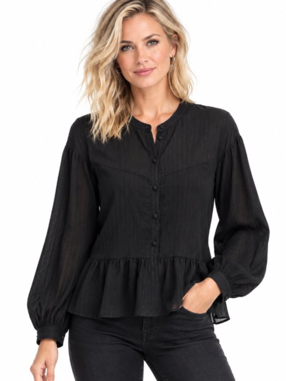 Samsoe black peplum blouse peasant top sheer long sleeve blouse